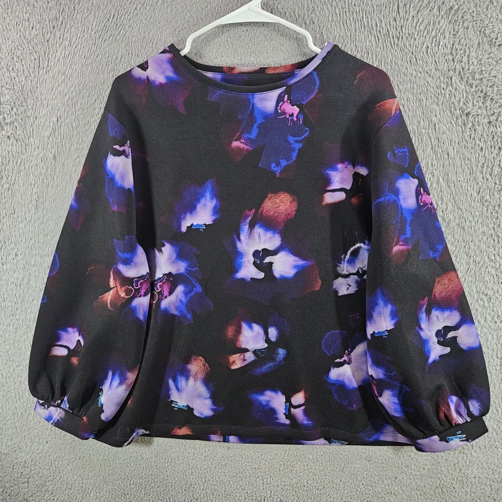 Chicos Abstract Floral Balloon Sleeve Top Purple Blue Black Size 4 XXL Pullover